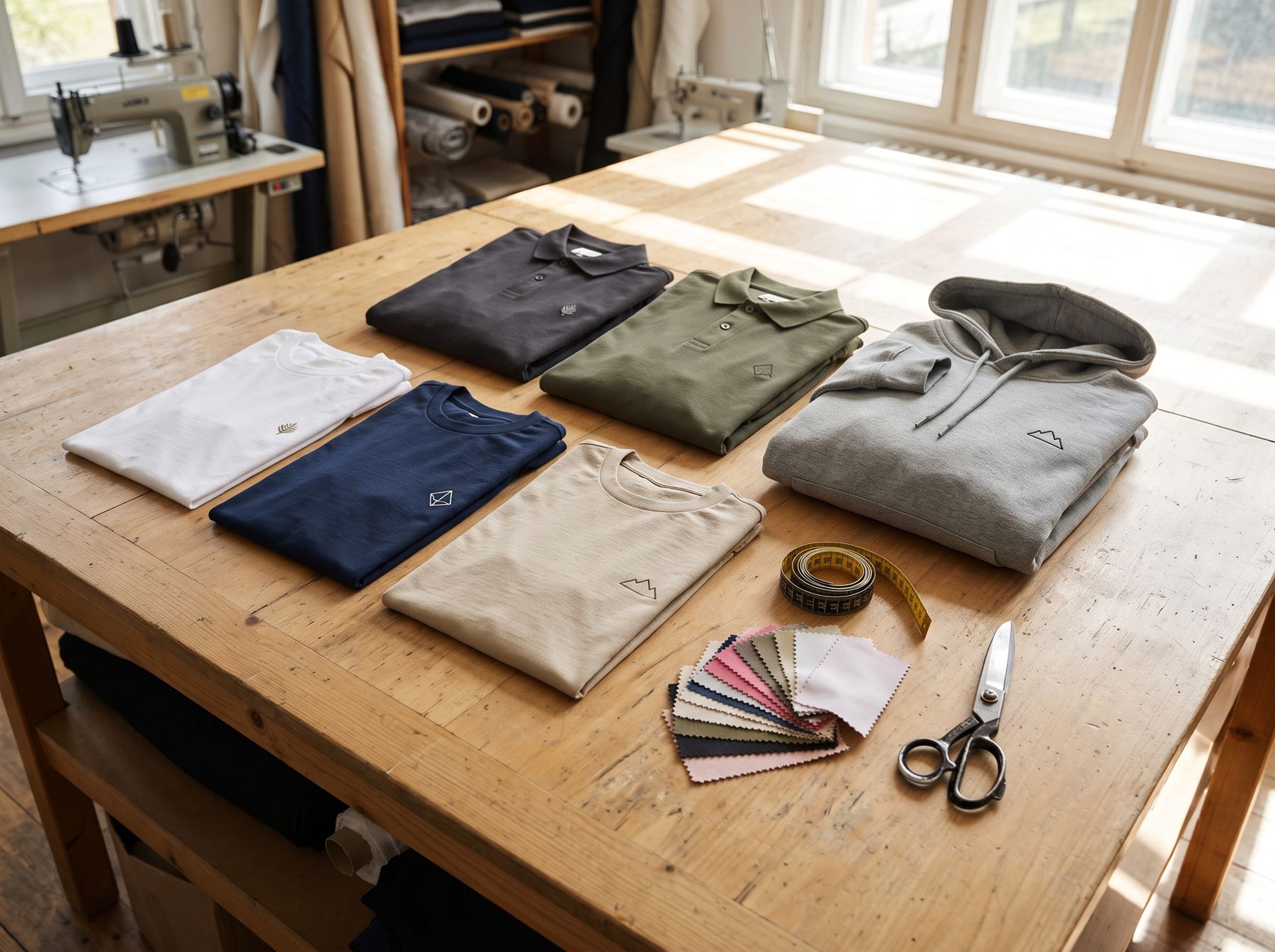Folded garments, scissors and tape on a cutting table
