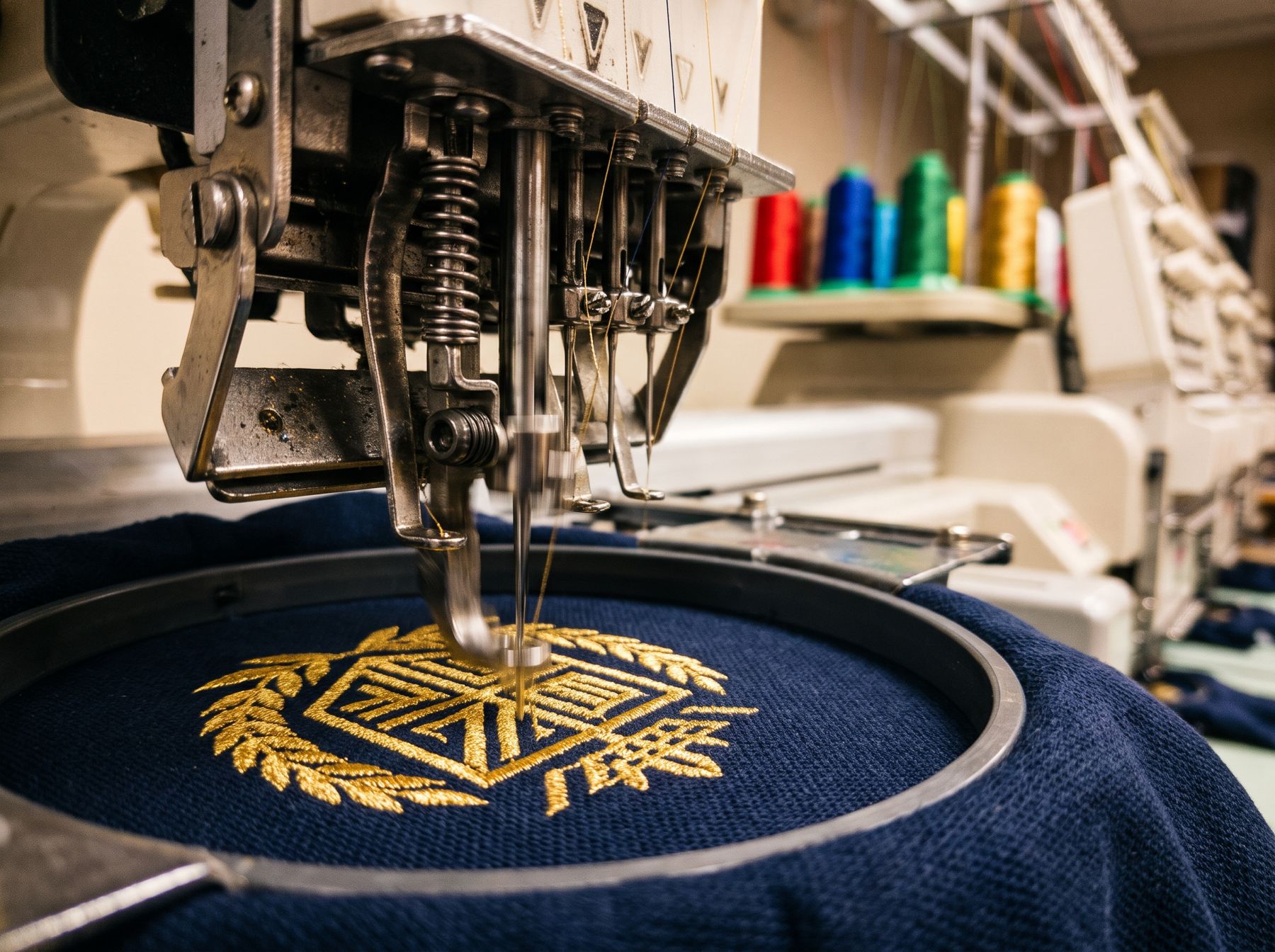 Embroidery machine stitching a gold logo