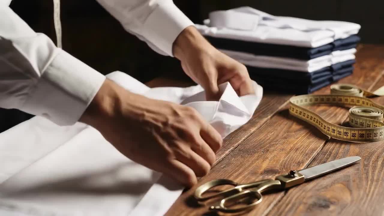 Tailor folding a finished white shirt
