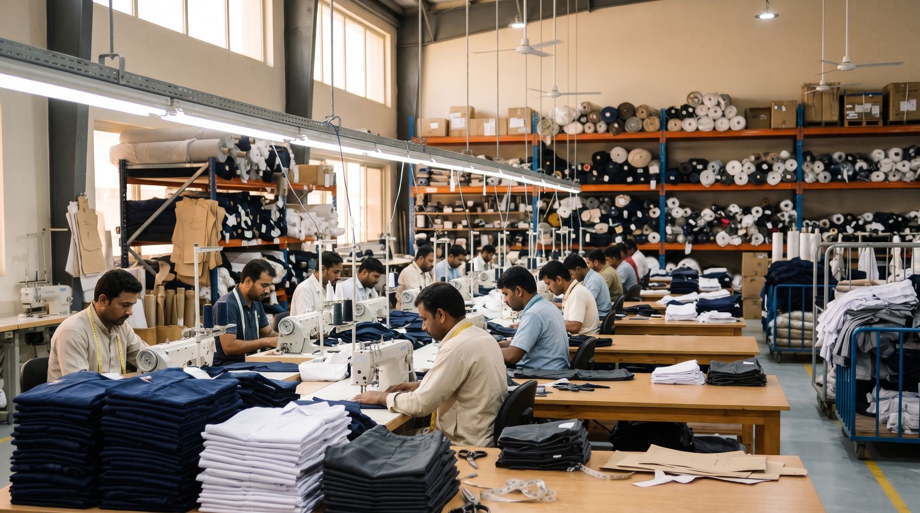 Tailors at sewing machines in the workshop