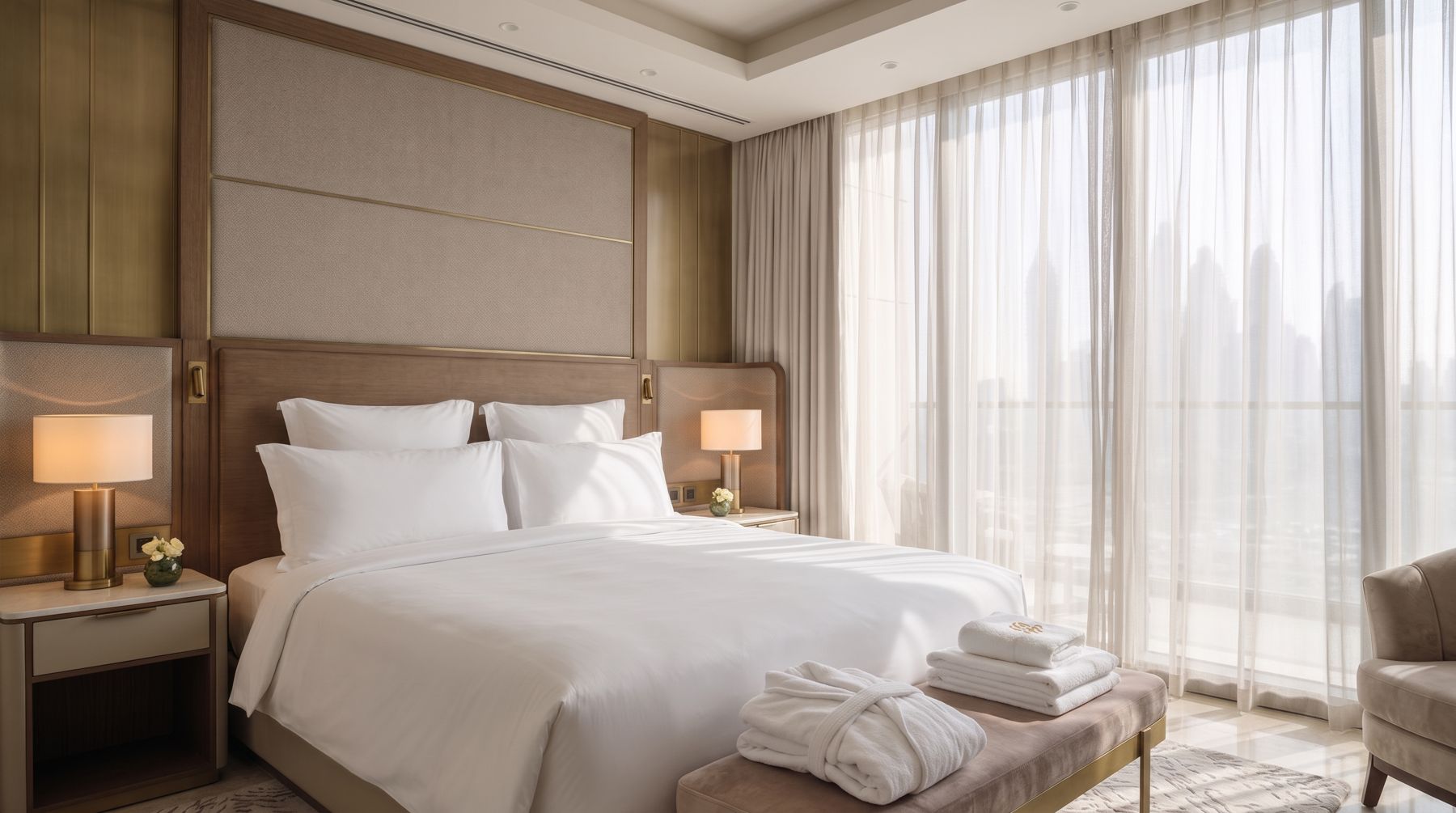 Hotel bed linen, towels and bathrobe